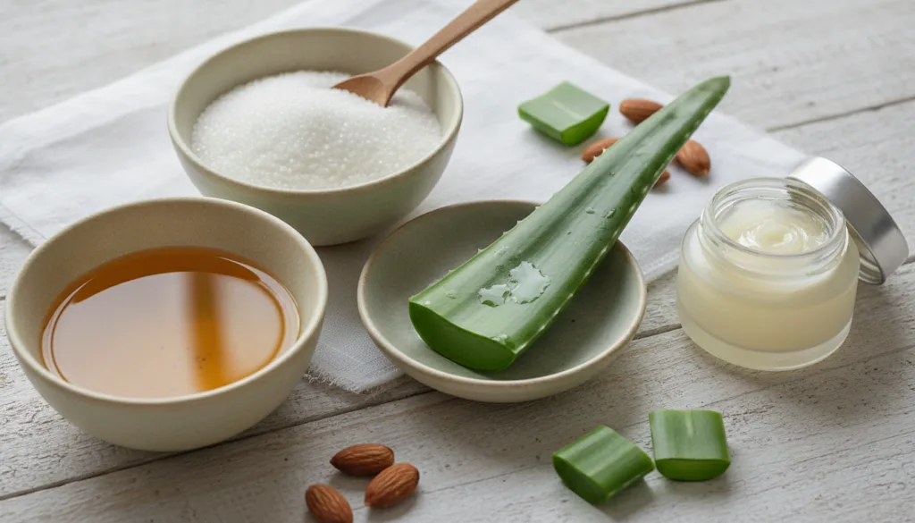 A variety of natural ingredients often paired with Vaseline such as a small bowl of almond oil a pile of sugar and a cut
