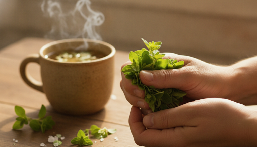 A hand gently crushing fresh Oregon oregano leaves releasing aromatic oils with steam rising from a herbal tea or infusi