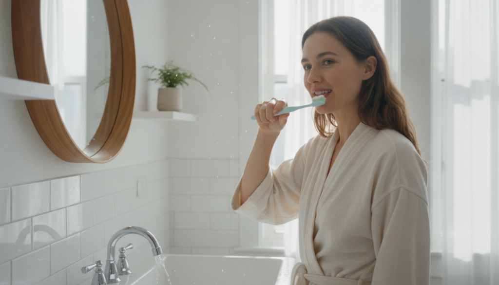 A person brushing their teeth with a toothbrush and toothpaste illustrating good oral hygiene