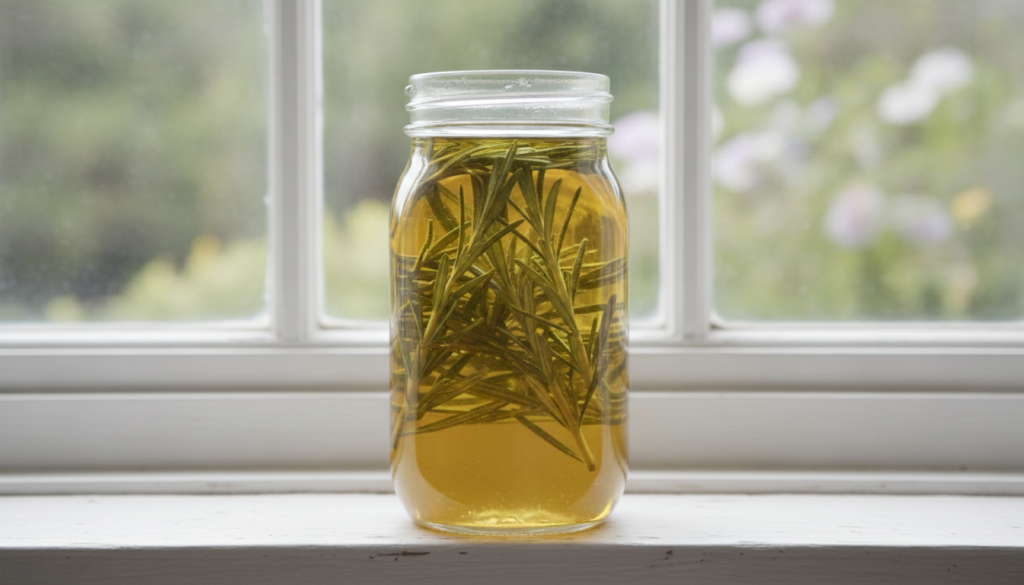 A close-up of fresh rosemary sprigs infusing in a glass jar with a blend of castor and coconut oil on a windowsill