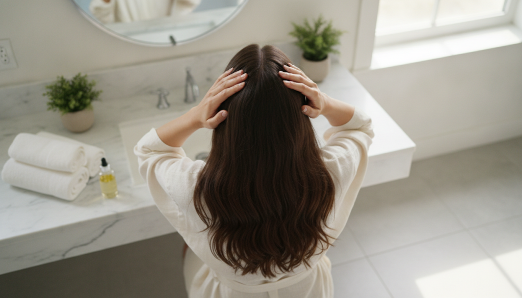 A woman gently massaging homemade rosemary hair oil into her scalp with her fingertips