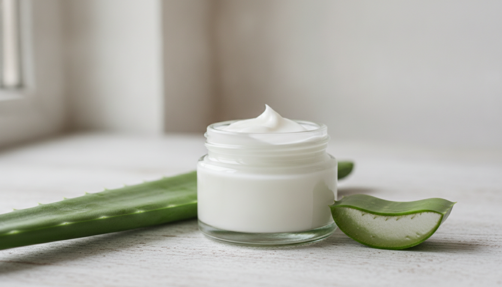 A small clear glass jar filled with a creamy white homemade facial cream with a fresh aloe vera leaf next to it on a cle