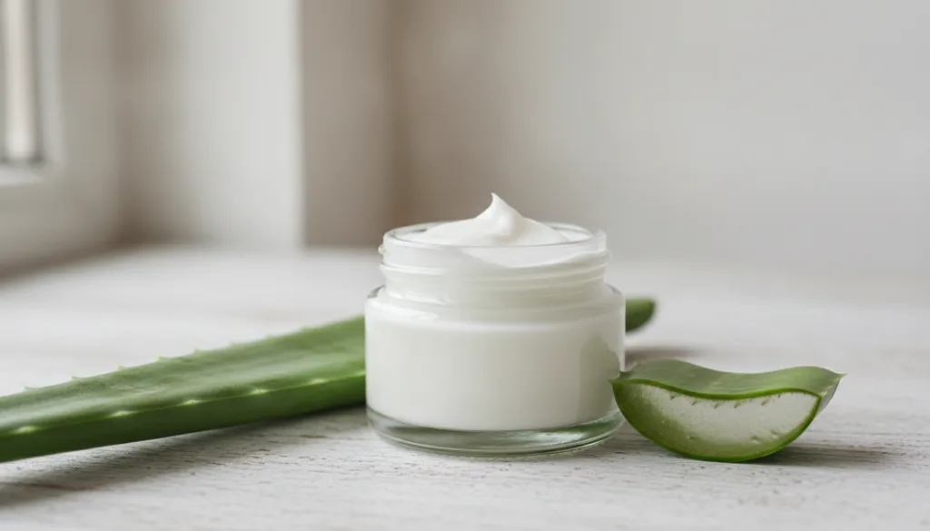 A small clear glass jar filled with a creamy white homemade facial cream with a fresh aloe vera leaf next to it on a cle