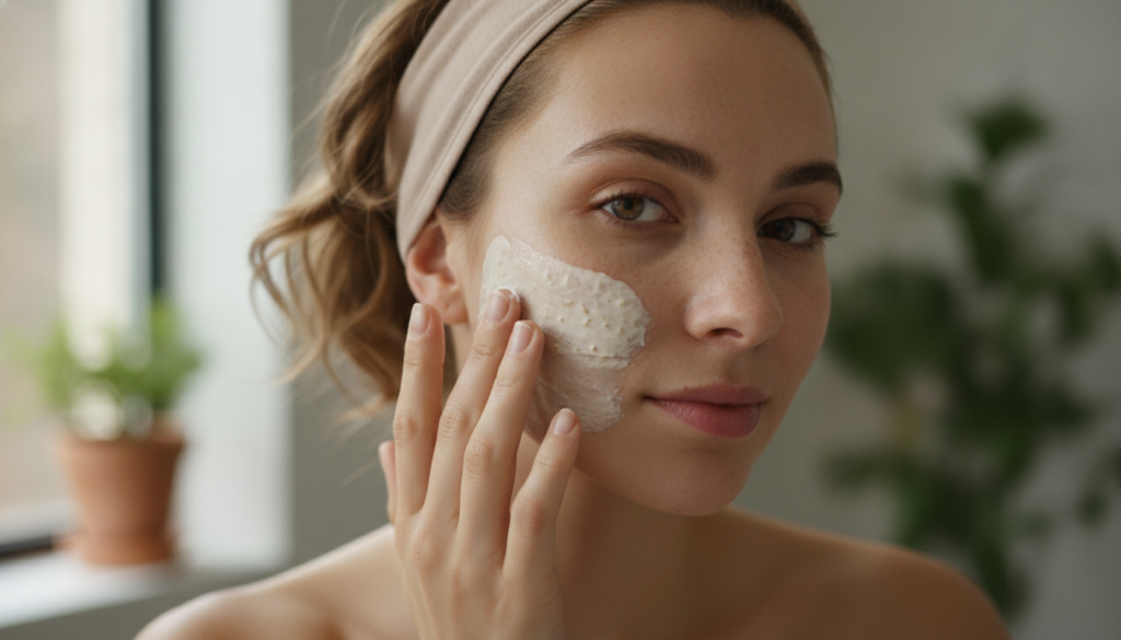 A woman gently applying a DIY face mask to her cheek with her fingertips Her skin looks clean and fresh and the mask is