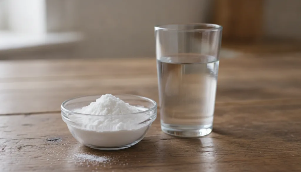 A small bowl containing unflavored gelatin powder next to a clear glass of water on a rustic wooden table The ingredient