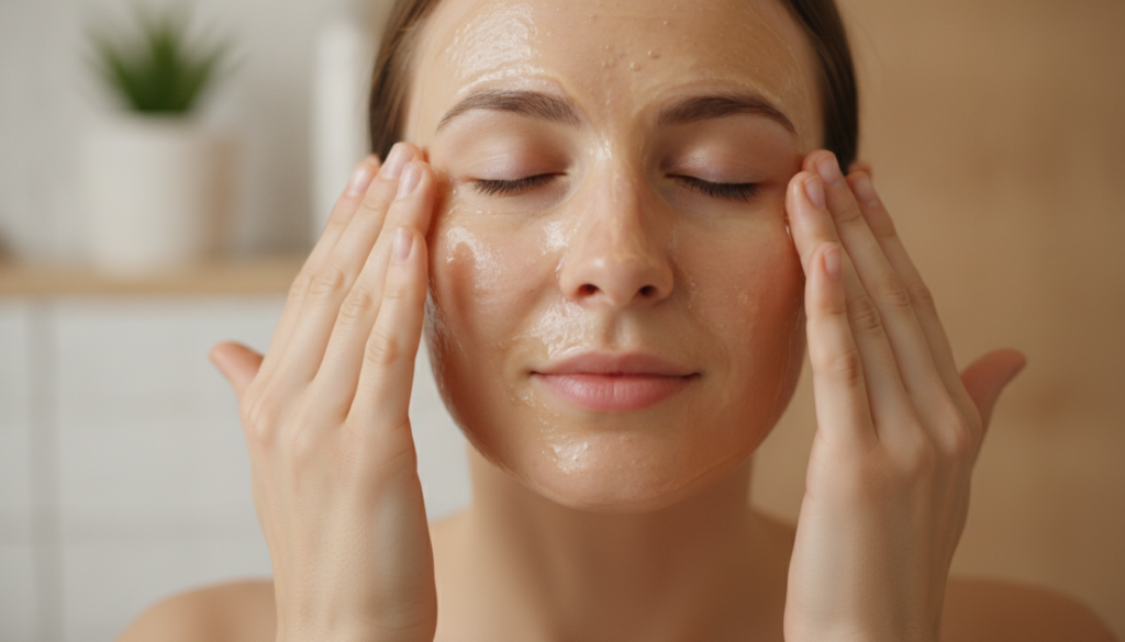 A person s hands gently applying a homemade gelatin mask to their clean face The mask has a smooth translucent texture T