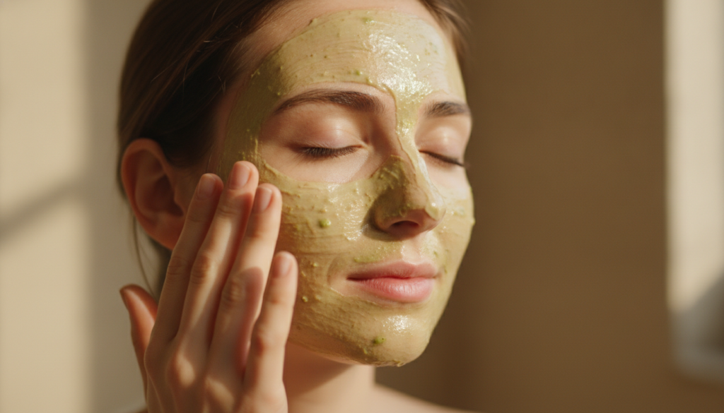 A woman s hand gently applying a green honey and avocado face mask to her clean serene face with her eyes closed demonst
