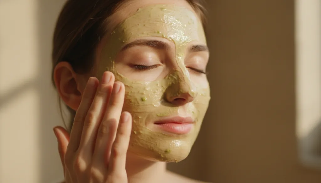 A woman s hand gently applying a green honey and avocado face mask to her clean serene face with her eyes closed demonst