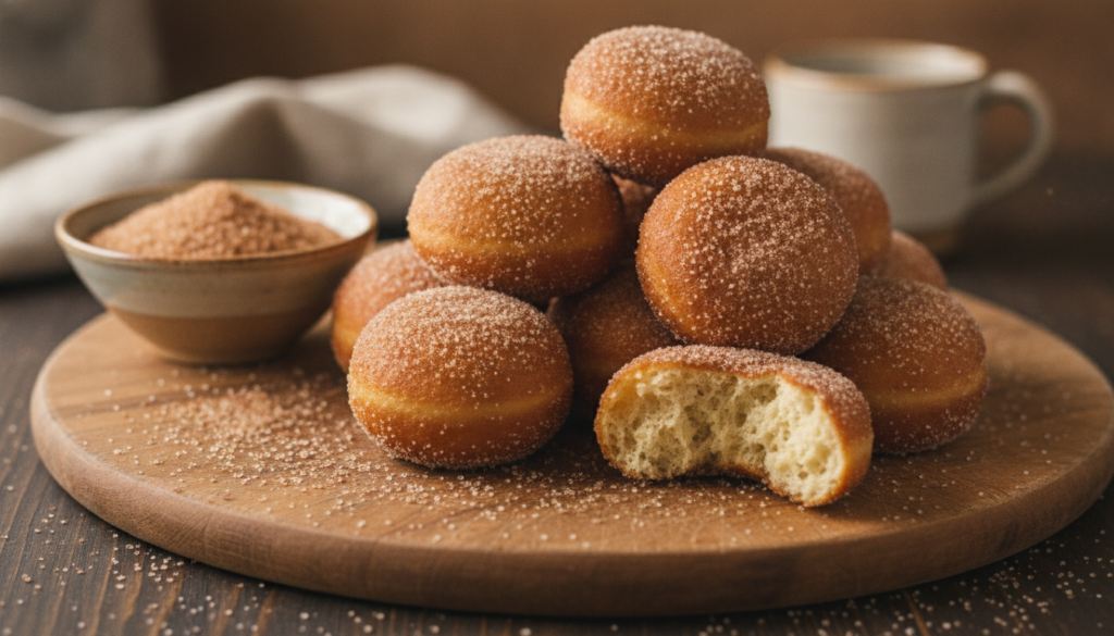 A small pile of warm golden-brown doughnut holes coated in cinnamon sugar next to a bowl of the cinnamon sugar mixture