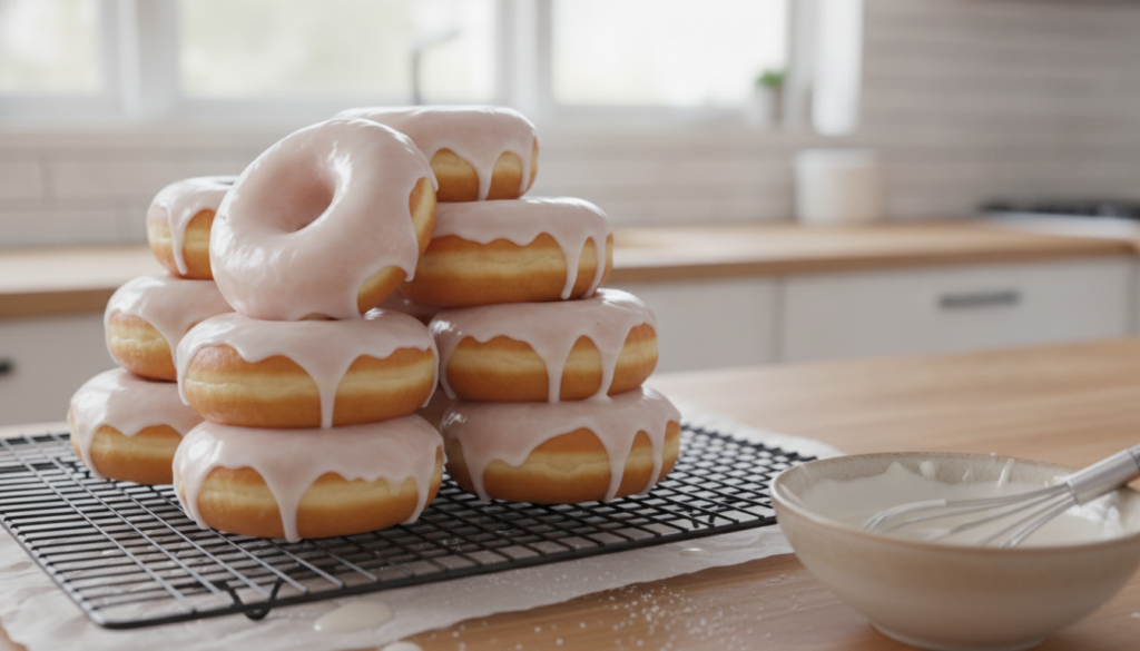 A stack of shiny white-glazed milky doughnuts on a cooling rack with a bowl of glaze in the background The glaze is smoo