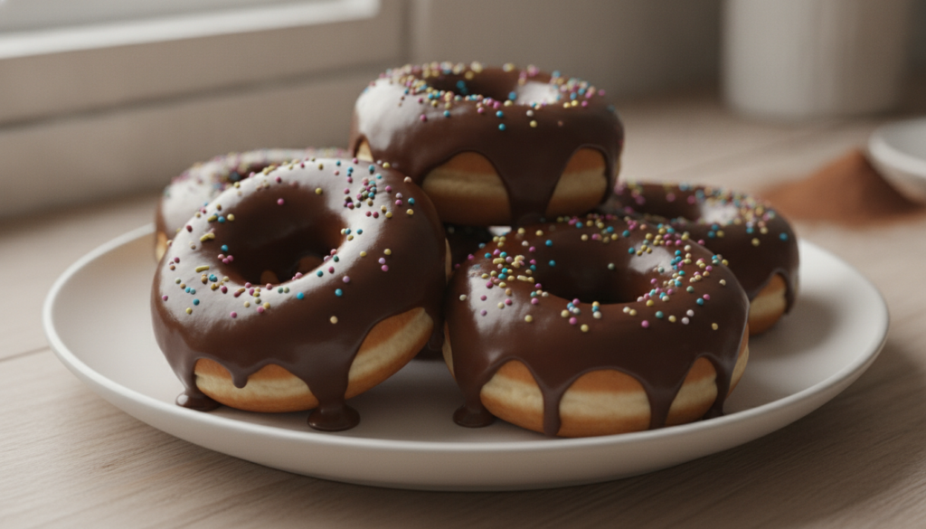 Chocolate-glazed doughnuts with a smooth dark chocolate coating some with sprinkles on a white plate