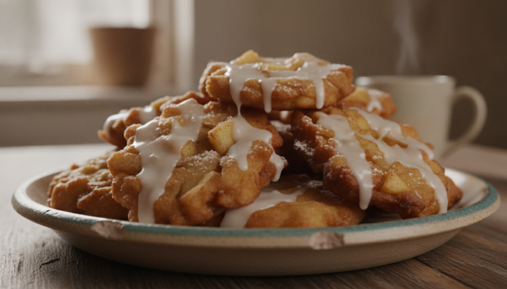 Irregularly shaped golden-brown apple fritters with chunks of apple visible drizzled with a white glaze on a serving pla
