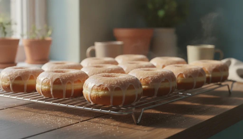 Baked milky doughnuts with a light glaze arranged on a cooling rack showing a cake-like texture