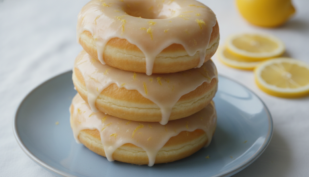 Milky doughnuts with a subtle lemon glaze and visible lemon zest specks on a light blue plate