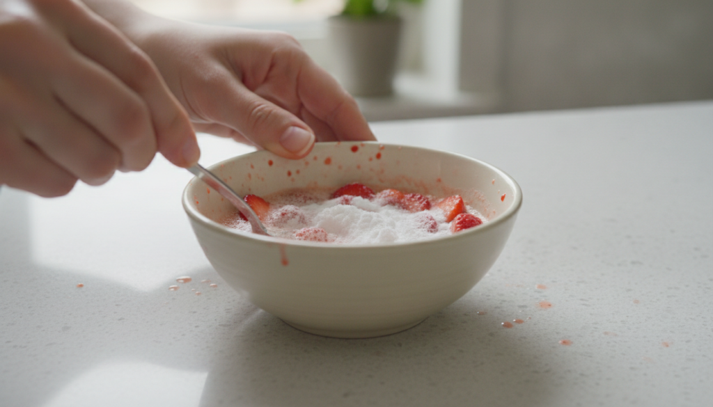 A person mixing mashed strawberries with baking soda in a small bowl