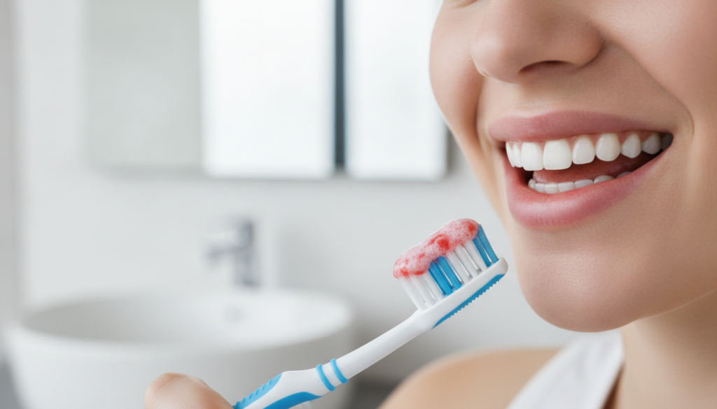 A close-up of a toothbrush with strawberry and baking soda paste being applied to teeth
