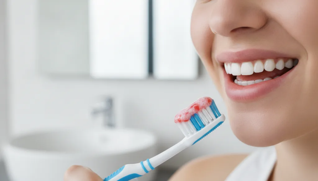 A close-up of a toothbrush with strawberry and baking soda paste being applied to teeth