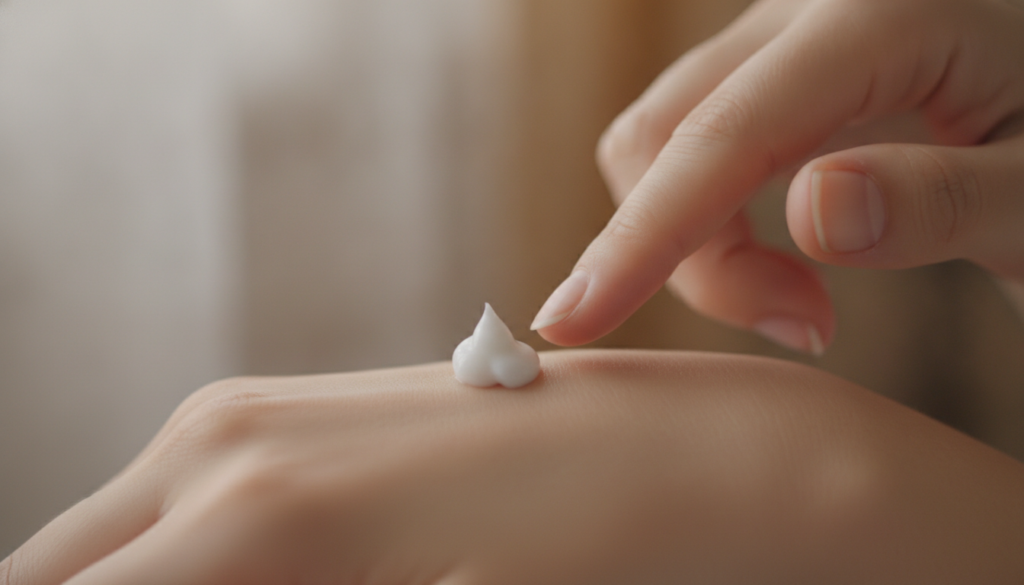 A person applying a small amount of the mixed collagen cream to their hand demonstrating the texture and application