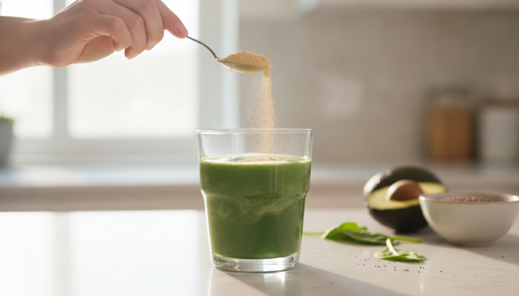 A woman adding a spoonful of the homemade beauty powder to a glass of water or a smoothie showing the method of use The 