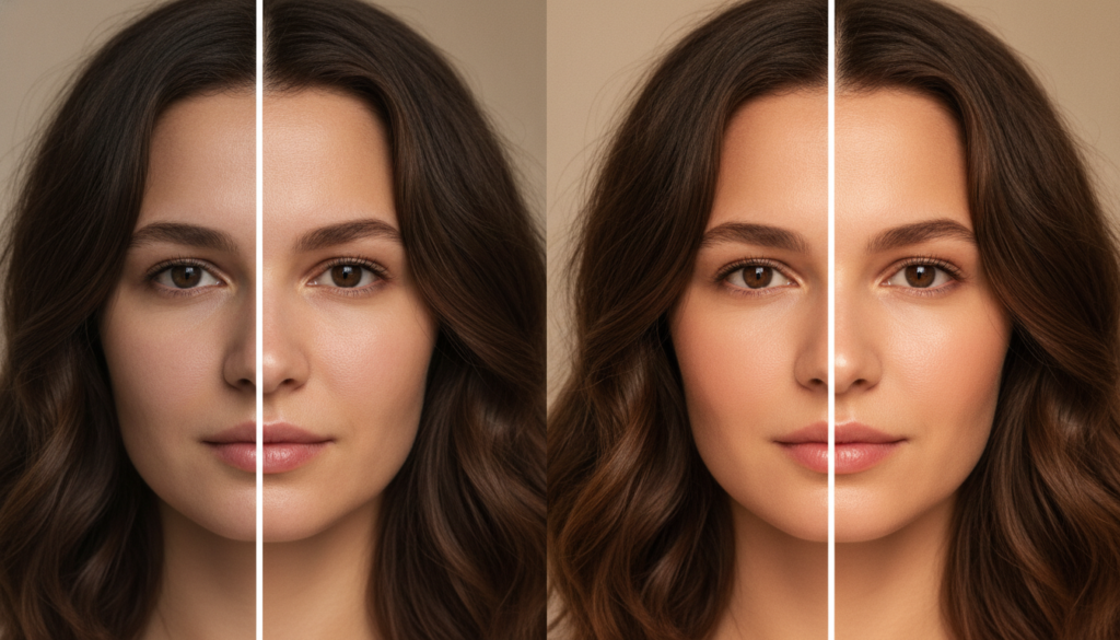A side-by-side comparison illustrating a before and after effect for skin The before side shows slightly dull uneven ski