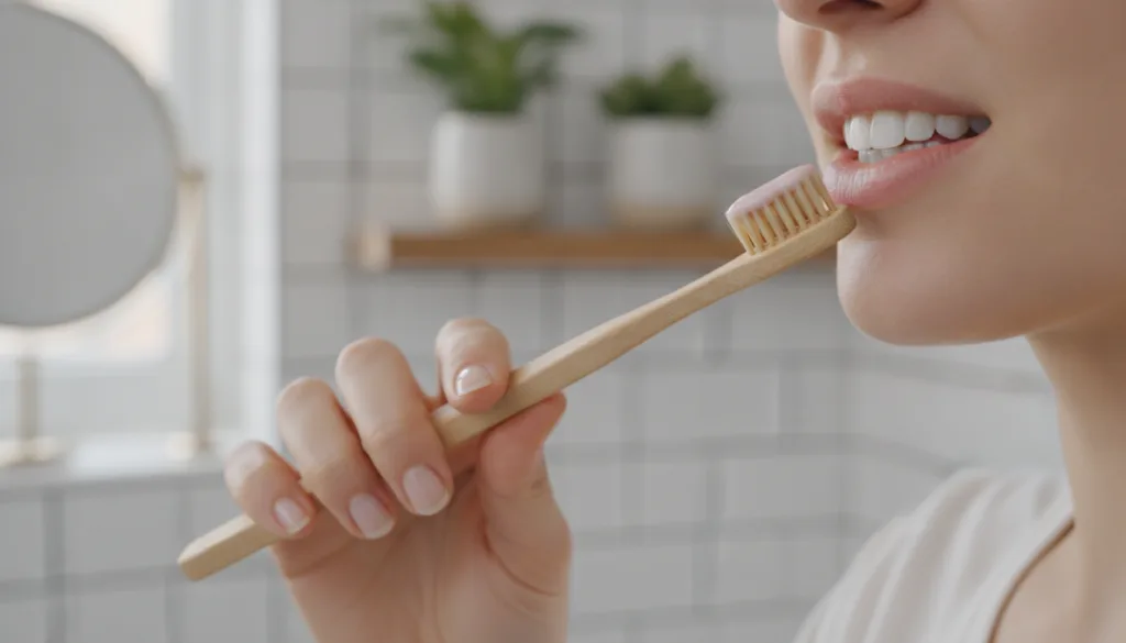 A person gently brushing their teeth with a toothbrush showing the application of the natural paste
