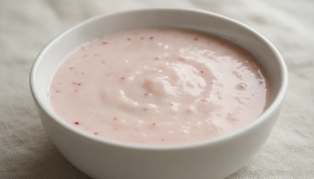 A close-up of the strawberry and baking soda paste in a small bowl