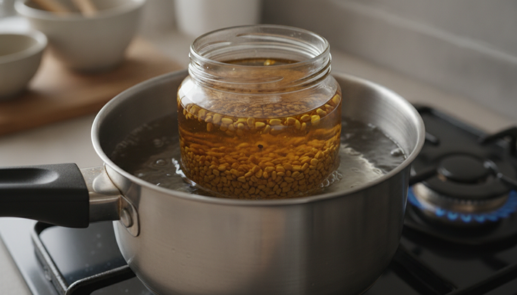 A close-up of a double boiler setup on a stovetop with a glass jar containing fenugreek seeds steeping in golden oil ins