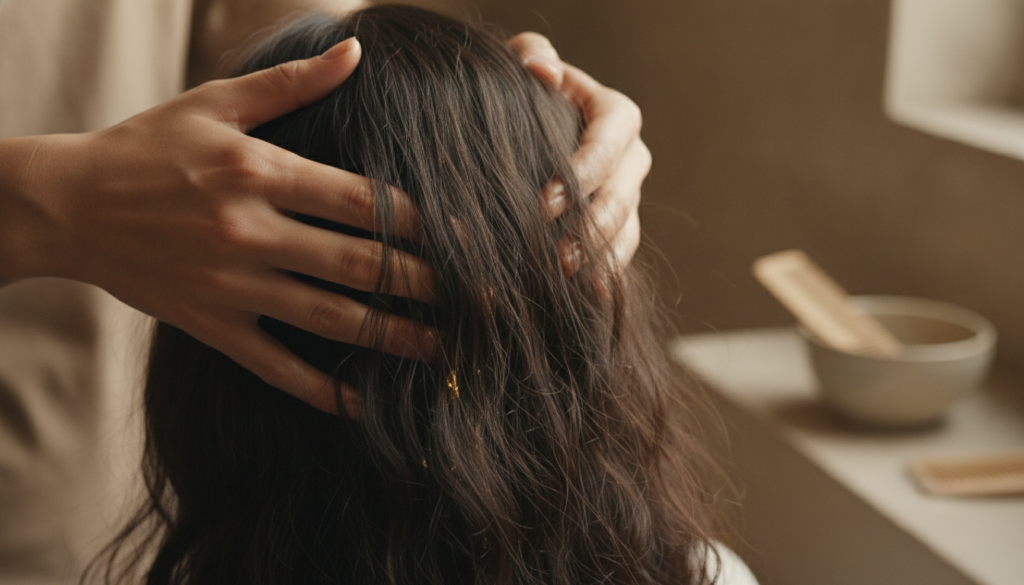 A person s hands gently massaging a golden fenugreek hair oil into their scalp and hair with a focus on the roots Their 