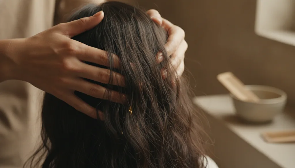 A person s hands gently massaging a golden fenugreek hair oil into their scalp and hair with a focus on the roots Their 