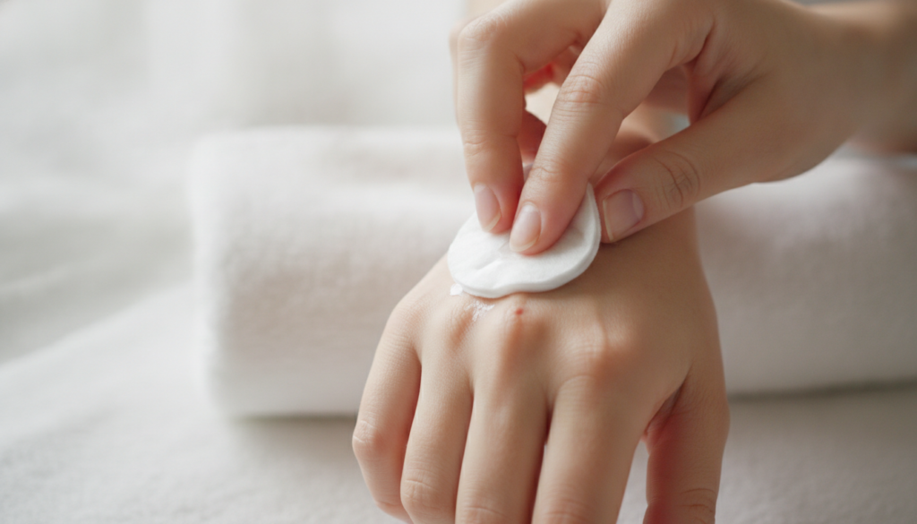 A woman gently applying a cotton pad soaked in a clear liquid to a small wart on her hand with a soft clean towel draped