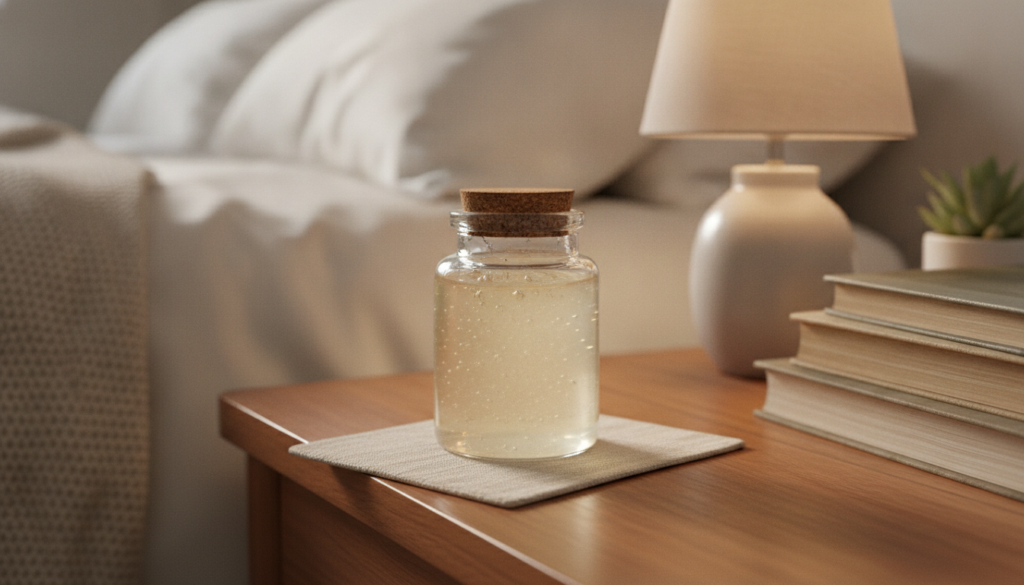 A small clear glass jar filled with a translucent homemade gel placed on a bedside table next to a soft light ready for 