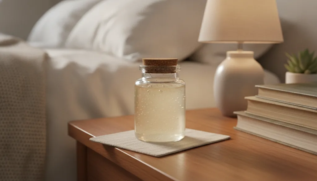 A small clear glass jar filled with a translucent homemade gel placed on a bedside table next to a soft light ready for