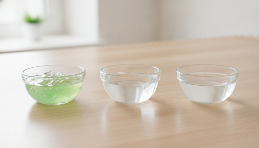 Three clear glass bowls containing pure aloe vera gel rose water and vegetable glycerin arranged neatly on a light-color