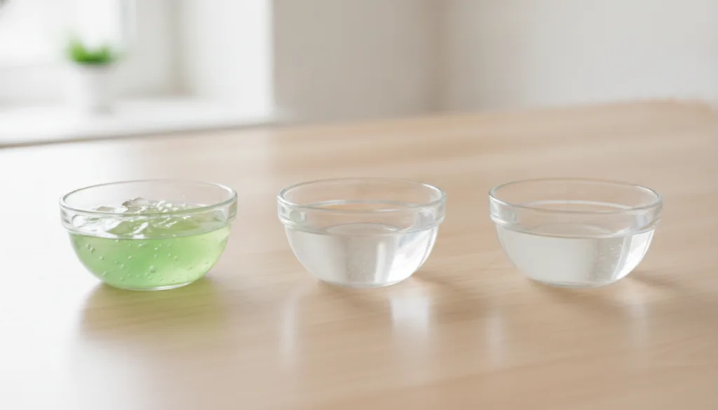 Three clear glass bowls containing pure aloe vera gel rose water and vegetable glycerin arranged neatly on a light-color