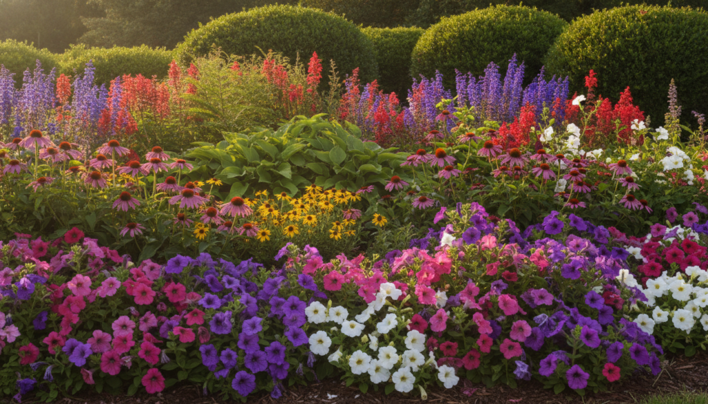 Close-up of a vibrant garden bed featuring a mix of colorful flowering annuals and perennials with evergreen shrubs in t