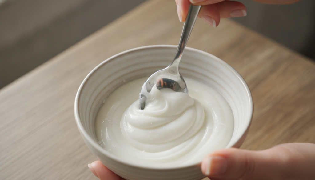 A person s hands mixing white petroleum jelly and white baking soda in a small bowl with a spoon creating a creamy paste