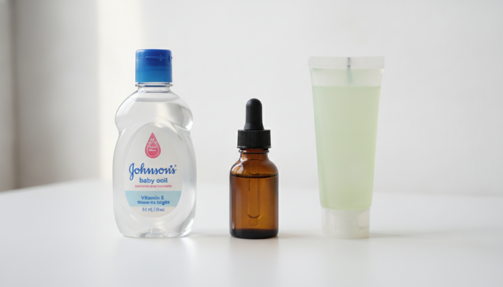 Ingredients for the night glow blend laid out on a clean surface a bottle of Johnson s baby oil a bottle of vitamin E oi