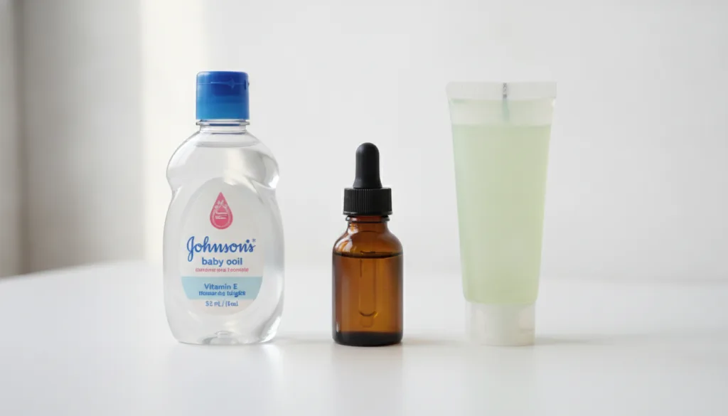 Ingredients for the night glow blend laid out on a clean surface a bottle of Johnson s baby oil a bottle of vitamin E oi