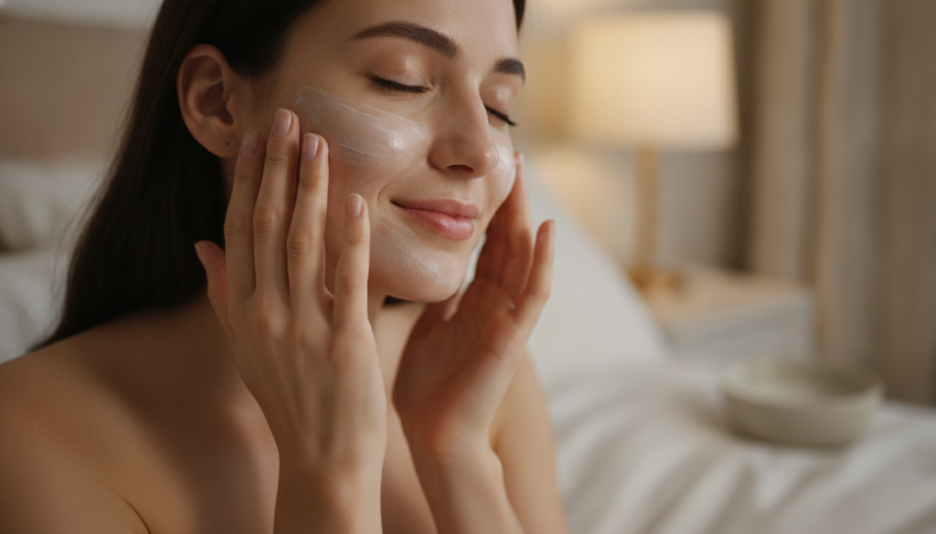 Close-up of a woman gently massaging the night glow blend onto her face before bed