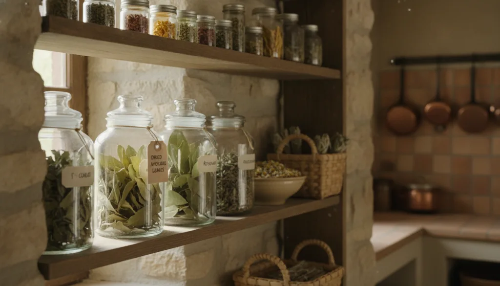 A variety of dried herbs and leaves including avocado leaves stored in clearly labeled glass jars on a shelf emphasizing