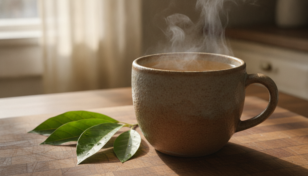 A steaming mug of light amber or greenish-brown avocado leaf tea with fresh or dried avocado leaves visible next to it o
