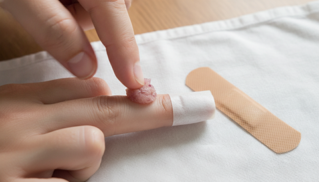 A person applying a small amount of grated red onion paste to a finger wart covering it with a band-aid