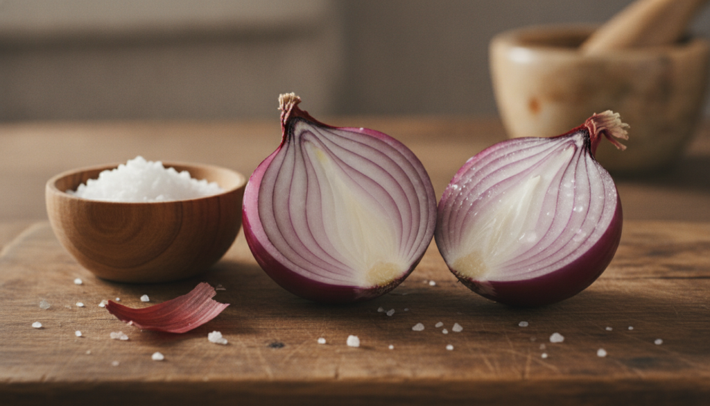 Close-up of a red onion cut in half showing its layers next to a small bowl of sea salt highlighting the key ingredients