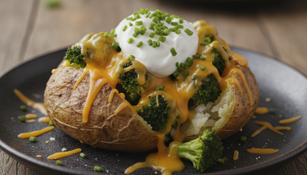 A perfectly baked potato loaded with vibrant green steamed broccoli and melted cheddar cheese with a dollop of Greek yog