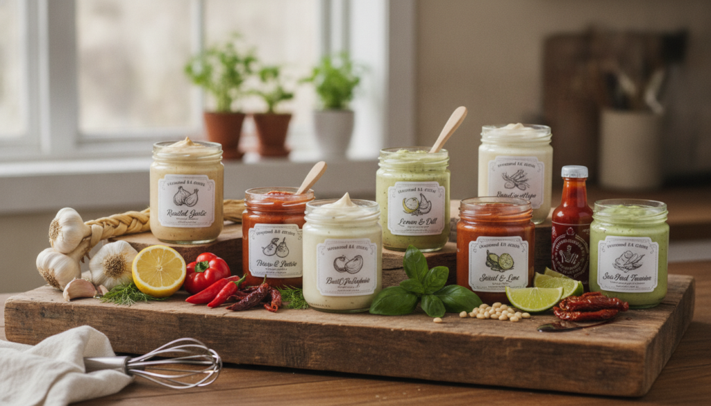 A variety of small jars filled with different flavored homemade mayonnaises lemon herb garlic chipotle avocado sriracha 