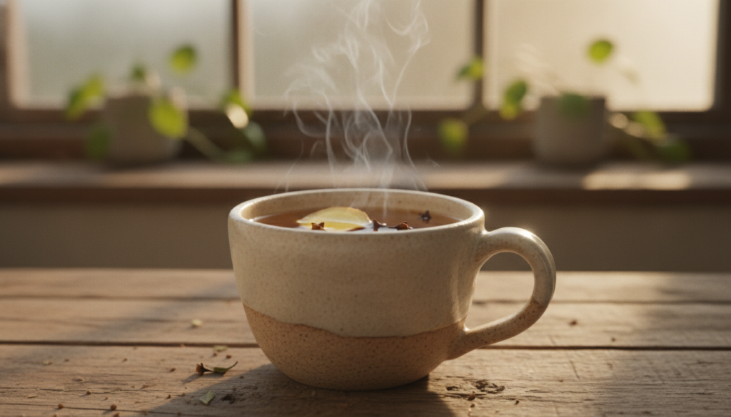 A warm steaming mug of ginger and clove tea garnished with a thin ginger slice and a few whole cloves on a cozy wooden t
