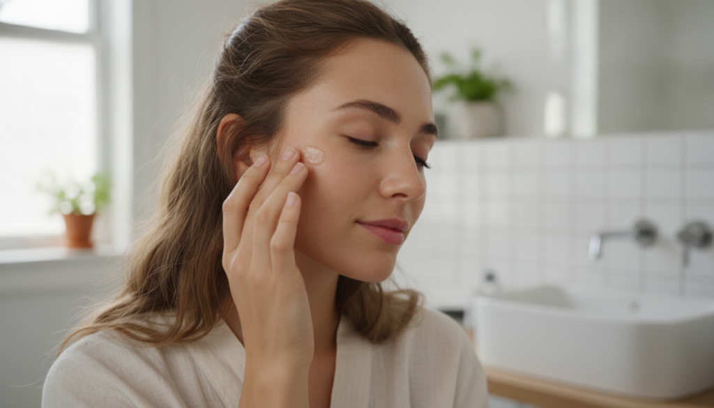 A woman gently applying a small amount of the balm to her cheek demonstrating the application process