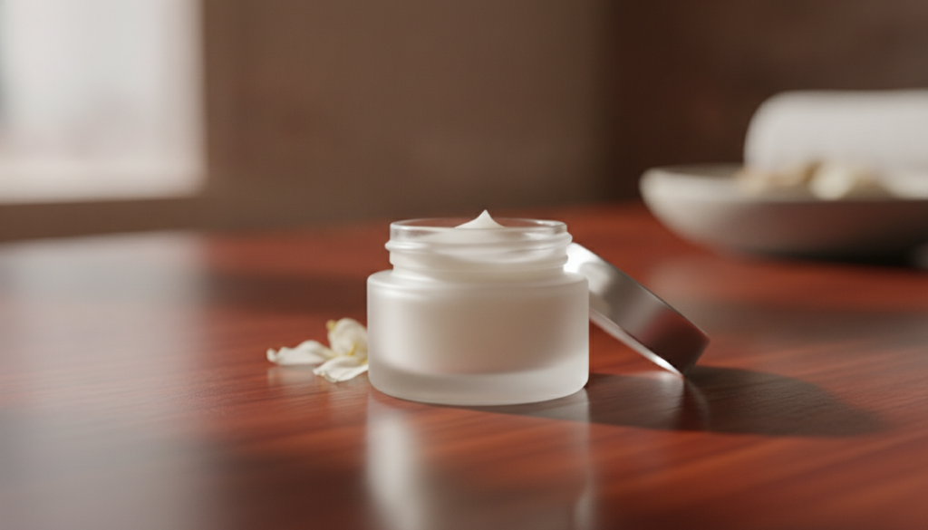 A small clean glass jar filled with the freshly mixed baby oil and Vaseline blend cooling on a countertop