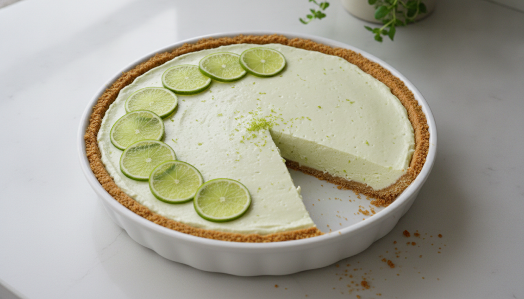 A whole Key Lime No-Bake Pie in an 8-inch pie dish with a slice already removed showing the creamy green filling and gol
