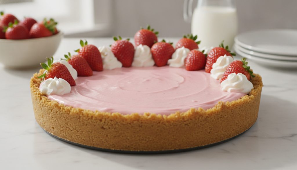 A vibrant Strawberry Cream No-Bake Pie garnished with fresh whole strawberries and whipped cream showing its pink creamy